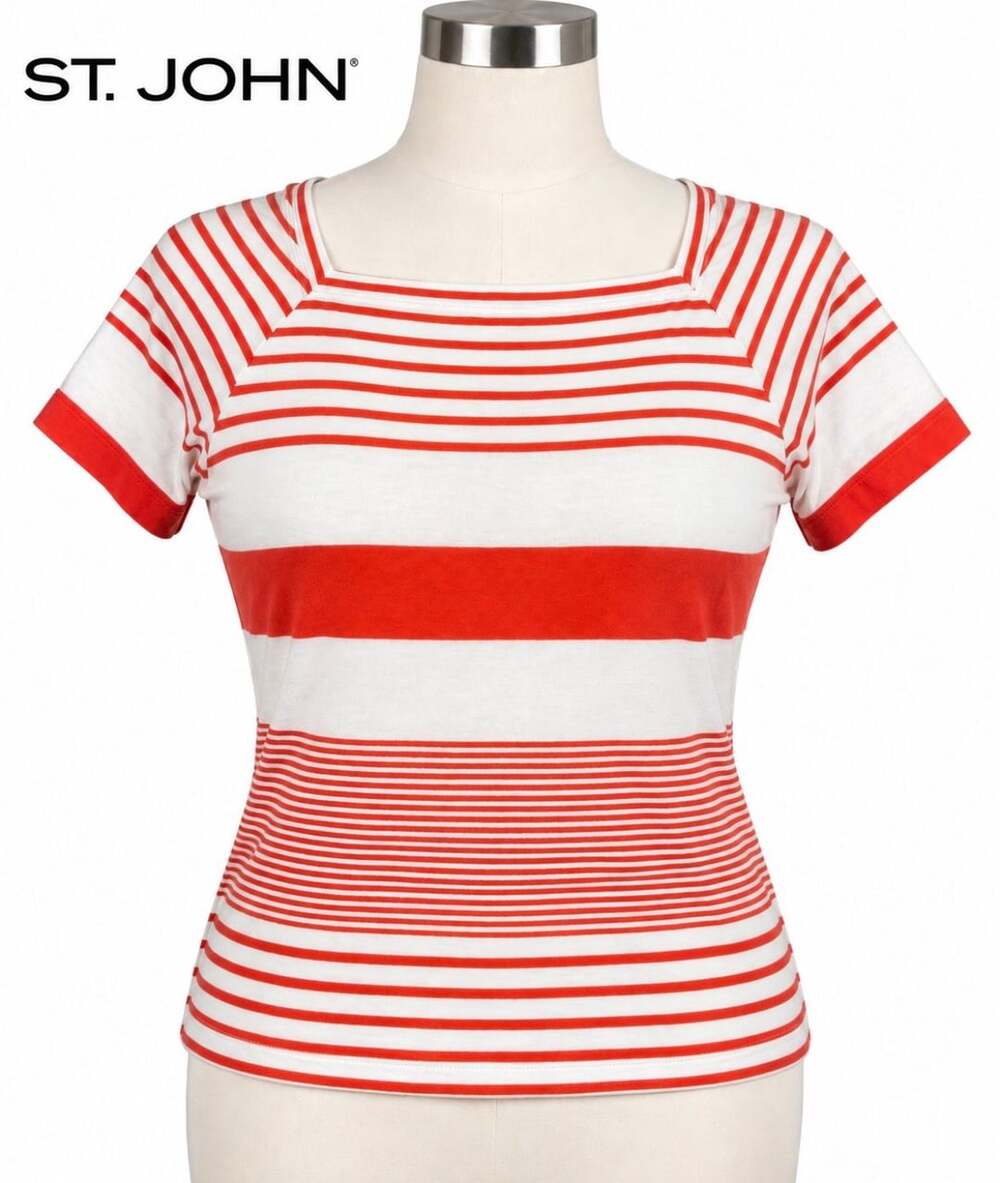 St. John Red and White Striped Short Sleeve Square Neck Knit Top